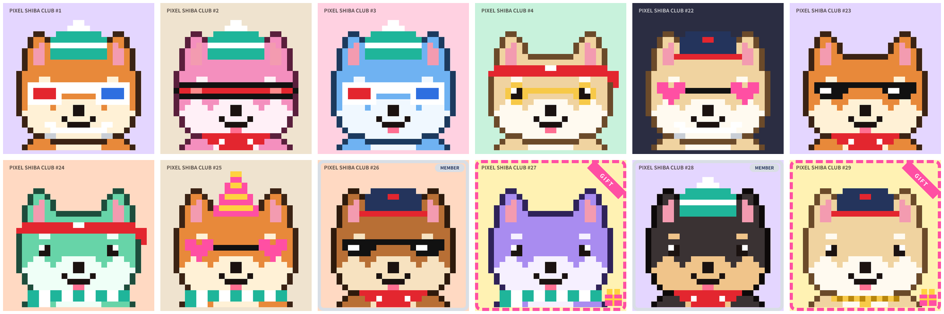 Twelve on-chain pixel Shibas with different traits